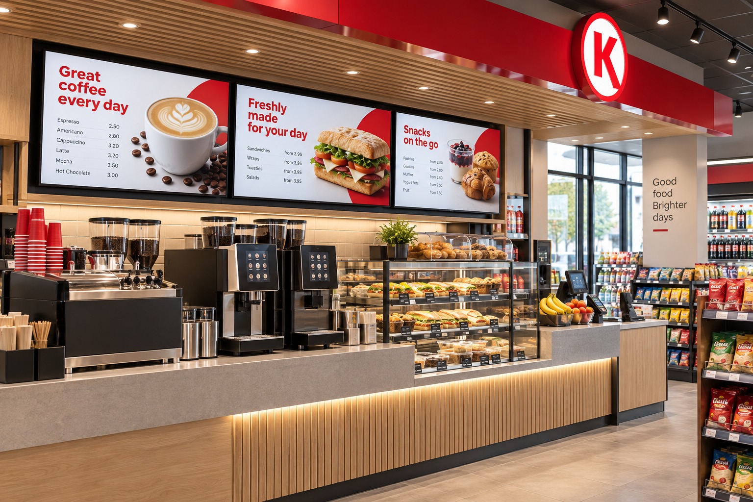 Illustrative Circle K convenience-store concept with digital menu screens