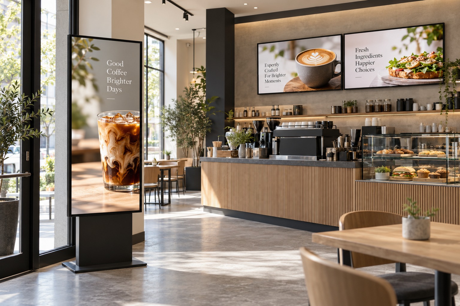 Illustrative portrait and landscape digital signage in a retail environment