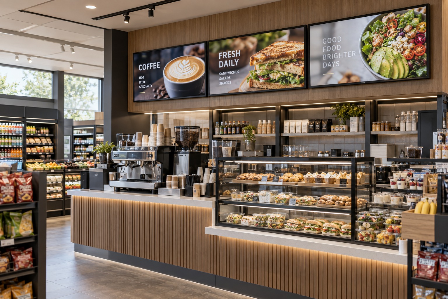 Digital menu screens above a contemporary convenience-store coffee and food counter
