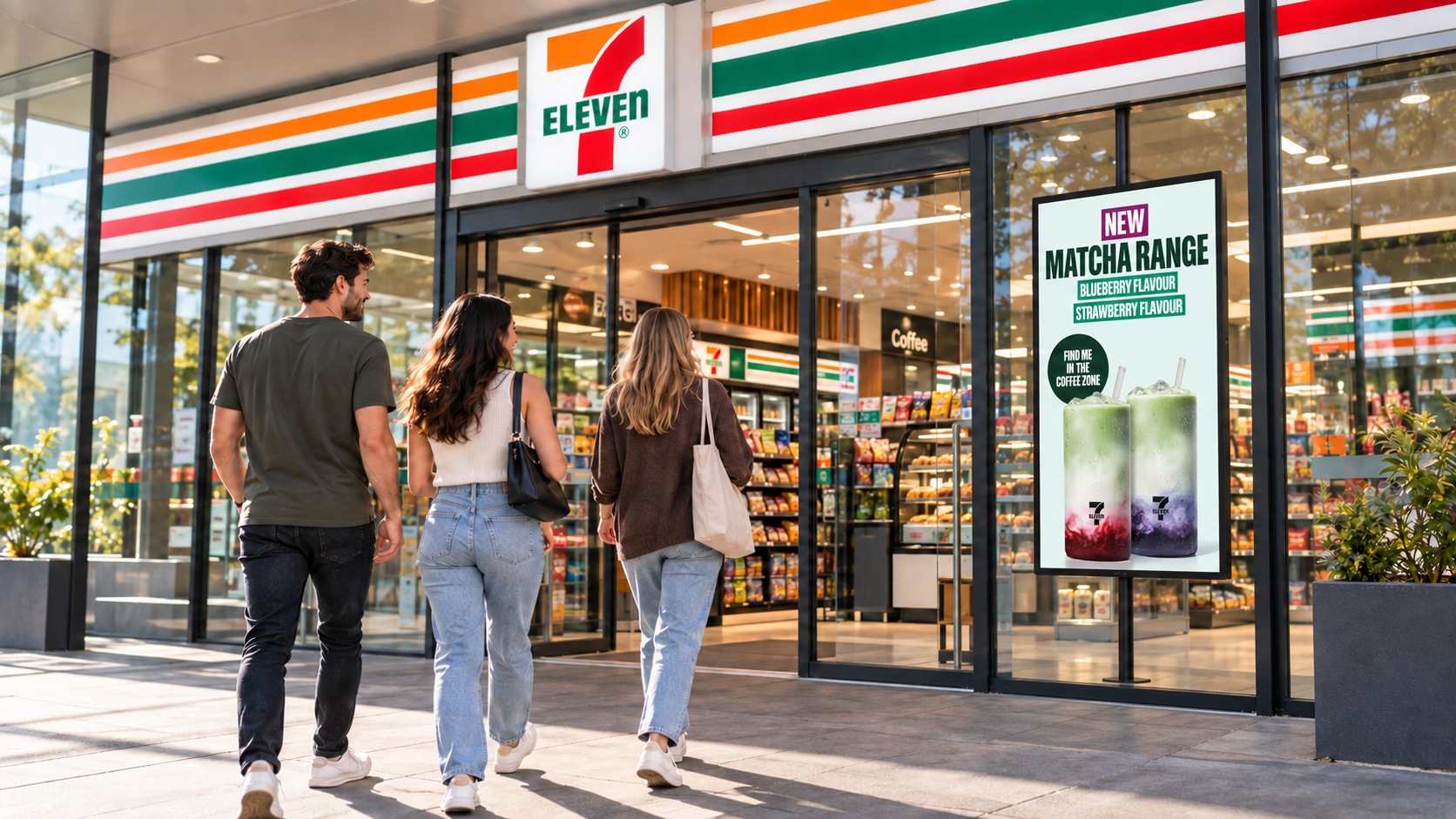 7-Eleven storefront visualisation with customers approaching a portrait digital screen showing the Matcha Range campaign