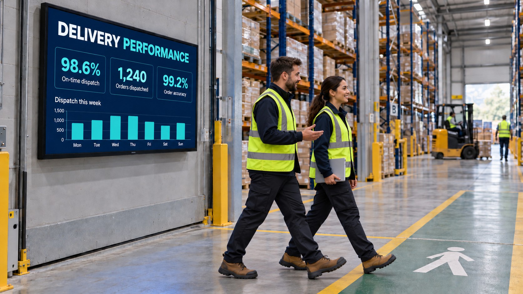 Warehouse staff walking past a digital delivery performance dashboard